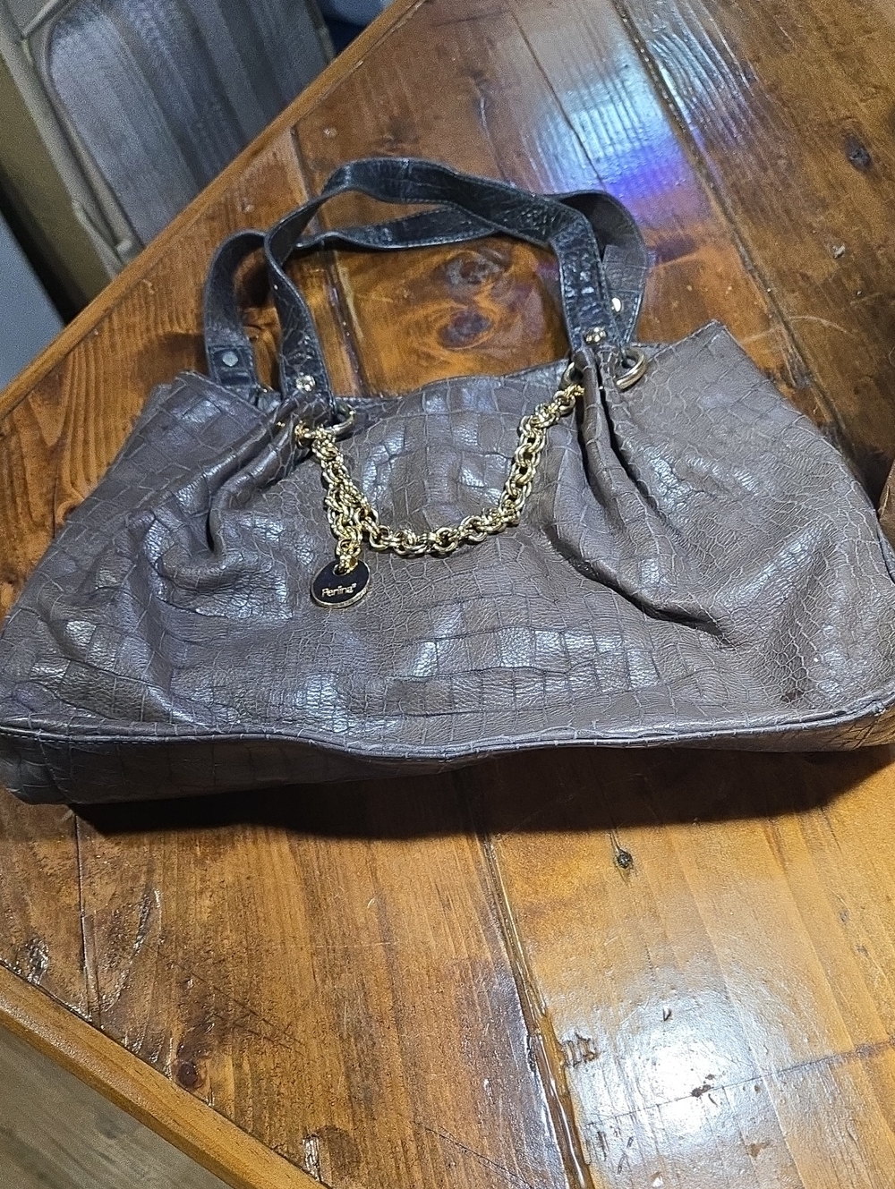 Perlina Taupe Genuine Leather Faux-Croc Shoulder Bag with Gold Chain